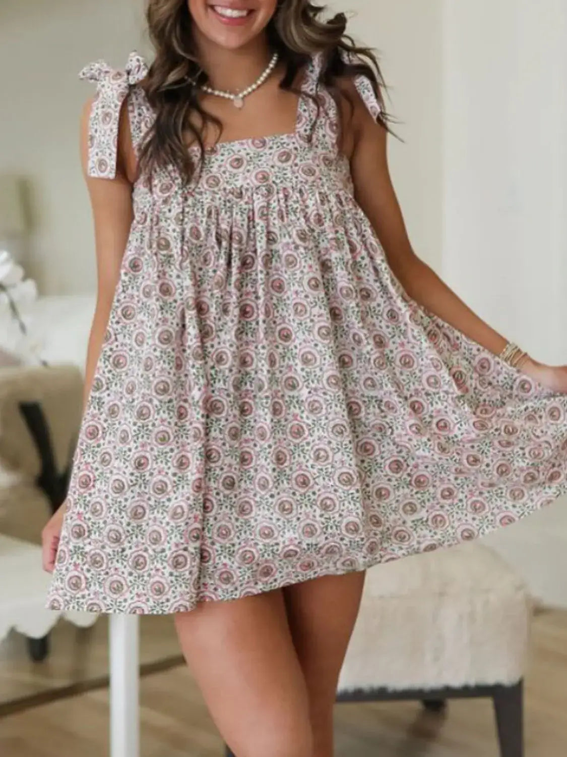Printed Square Neck Tie Shoulder Mini Dress - Trendsi - Flyclothing LLC