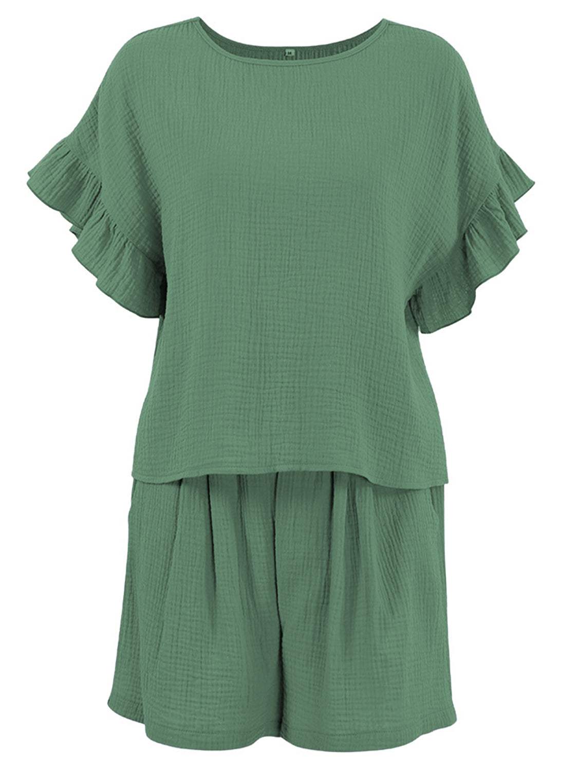 Ruffled Round Neck Top and Shorts Set - Trendsi - Flyclothing LLC