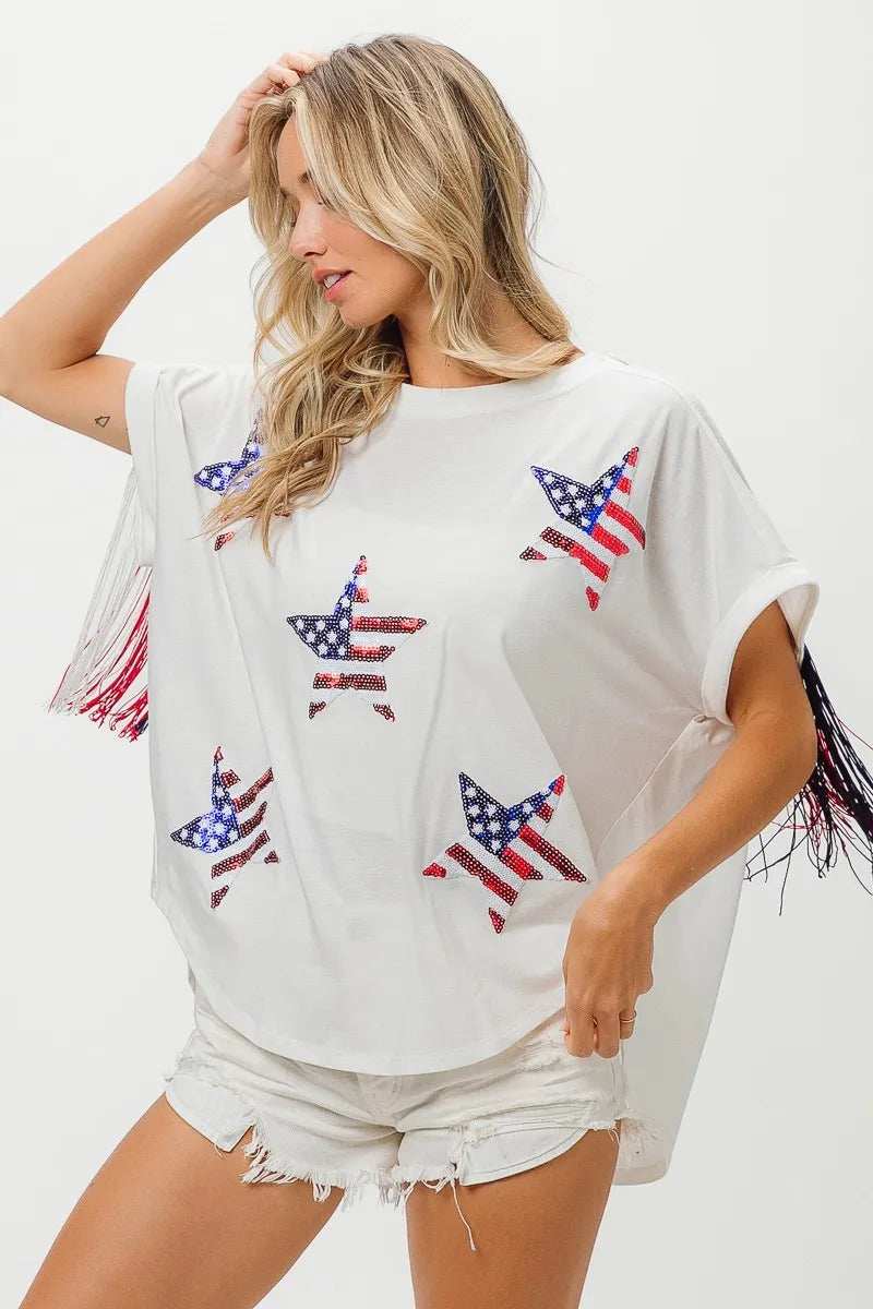 BiBi American Flag Sequin Star Fringe Top - Trendsi - Flyclothing LLC