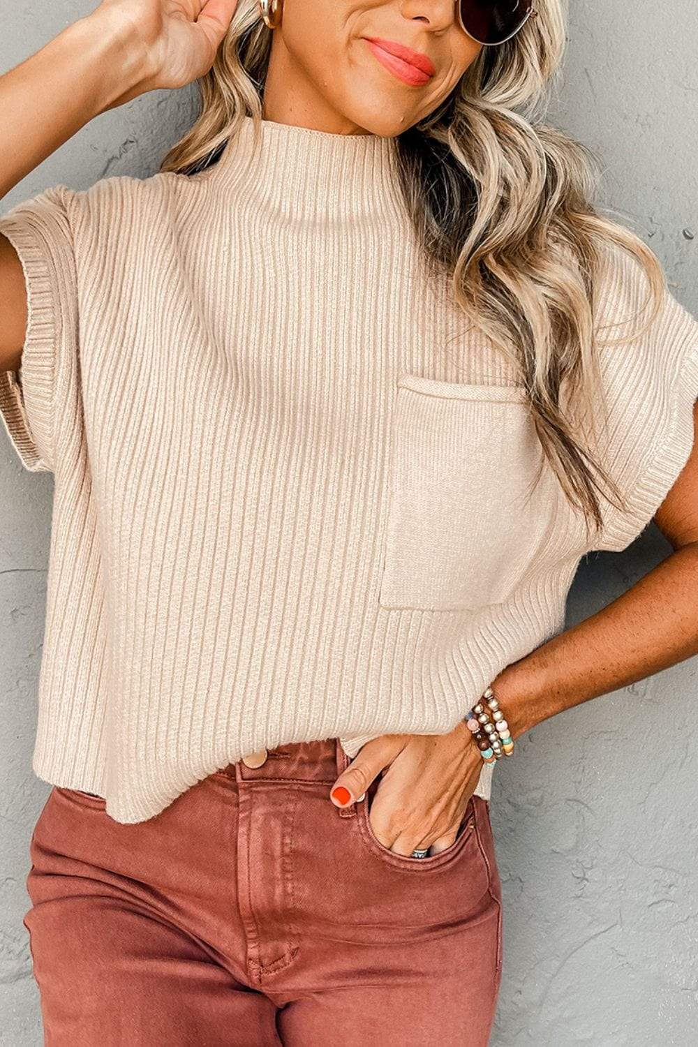 Mock Neck Sweater Vest with Chest Pocket - Trendsi - Flyclothing LLC