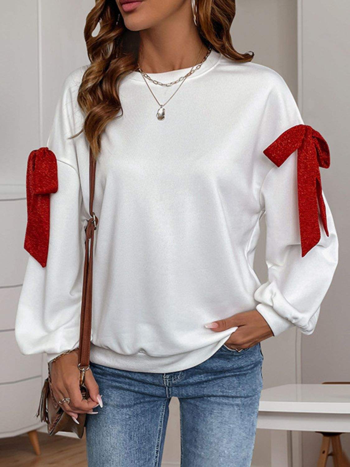 Perfee Bow Round Neck Long Sleeve Sweatshirt - Trendsi - Flyclothing LLC
