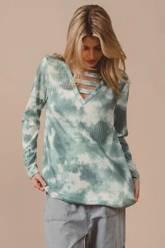 BiBi Variegated Tie Dye Rib V-Neck Top with Strapped - Trendsi - Flyclothing LLC