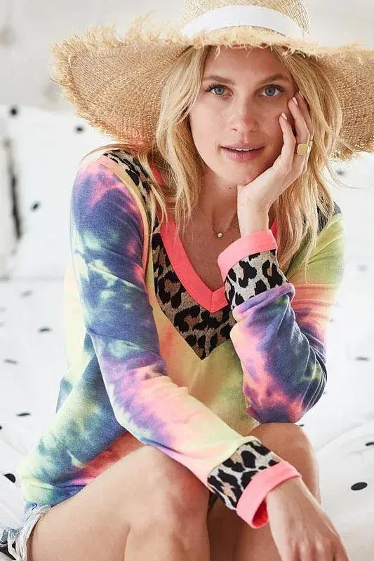 BiBi Tie Dye Terry V-Neck Top - Trendsi - Flyclothing LLC