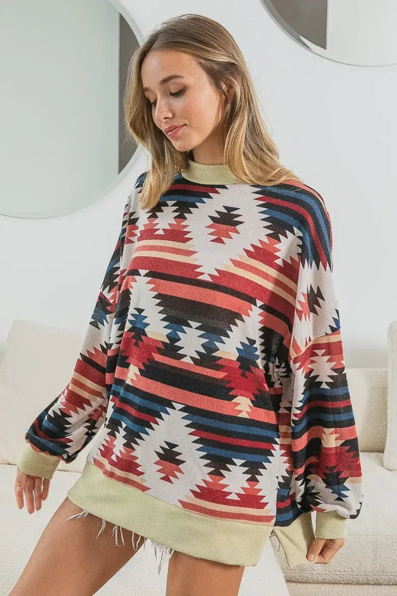 BiBi Aztec Print Mirr Mock Neck Lslv Top - Trendsi - Flyclothing LLC