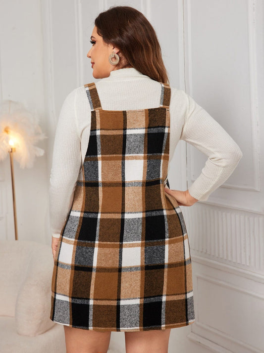 Plus Size Plaid Wide Strap Overall Dress - Trendsi