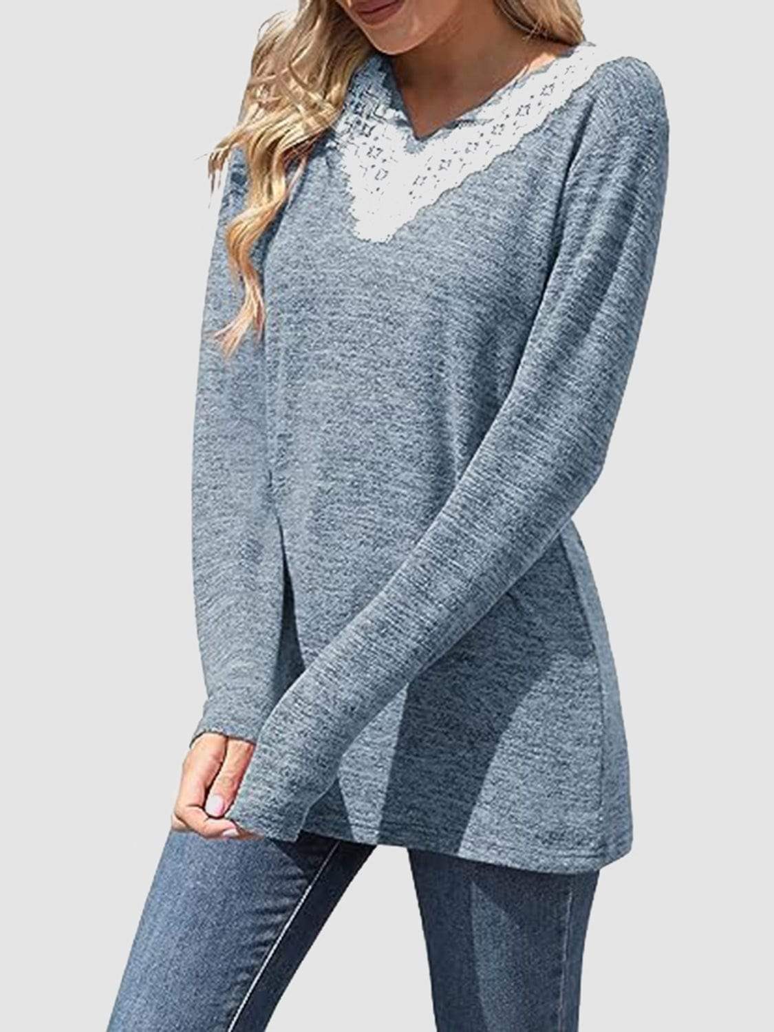 Lace Detail V-Neck Long Sleeve T-Shirt - Trendsi - Flyclothing LLC