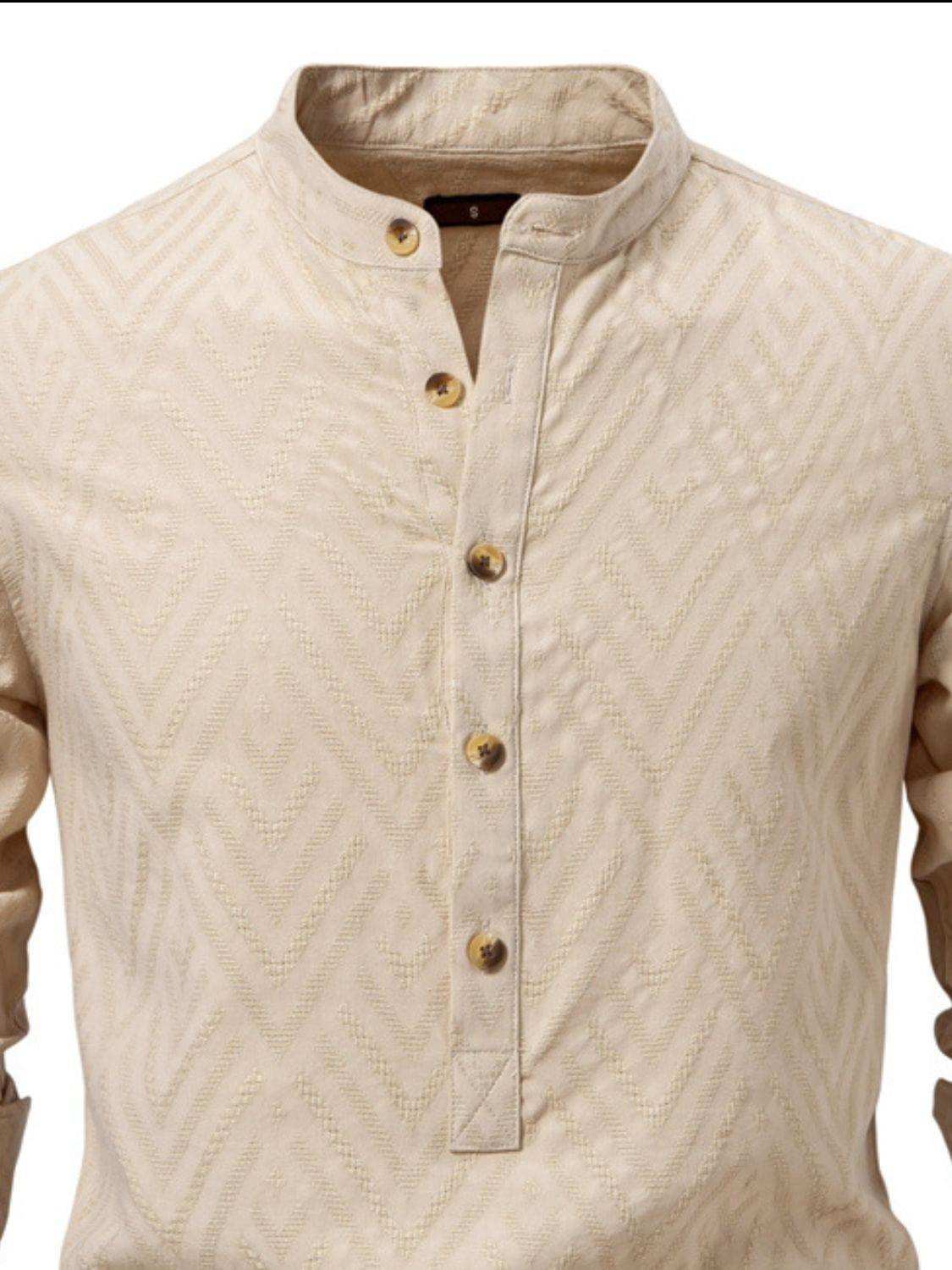 Men's Half Button Geometric Texture Collared Neck Shirt - Trendsi - Flyclothing LLC