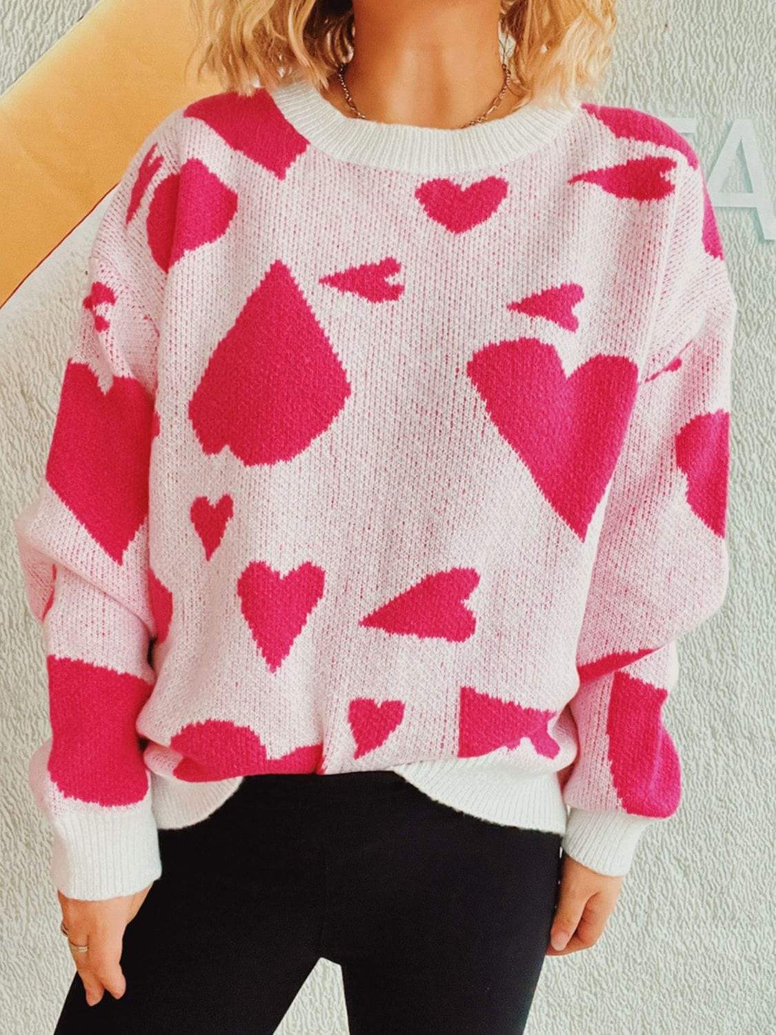 Heart Round Neck Long Sleeve Sweater - Trendsi - Flyclothing LLC