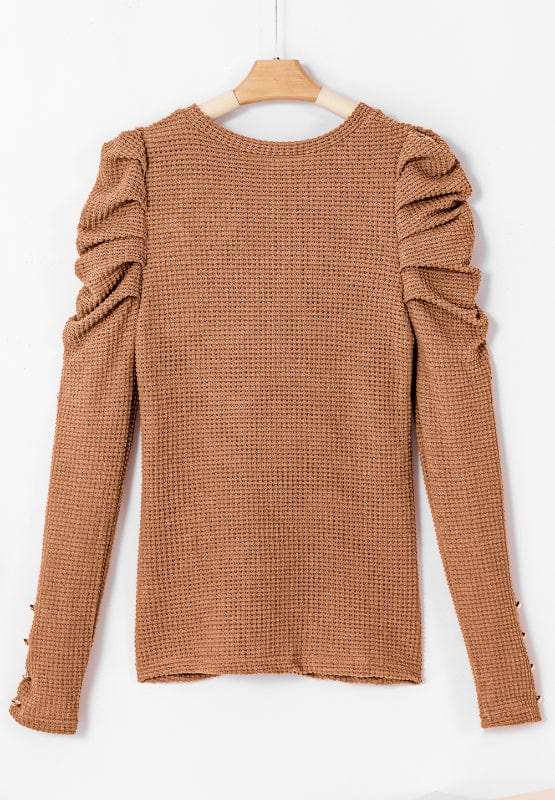 Decorative Button Round Neck Puff Sleeve Blouse - Trendsi - Flyclothing LLC