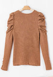 Decorative Button Round Neck Puff Sleeve Blouse - Trendsi - Flyclothing LLC