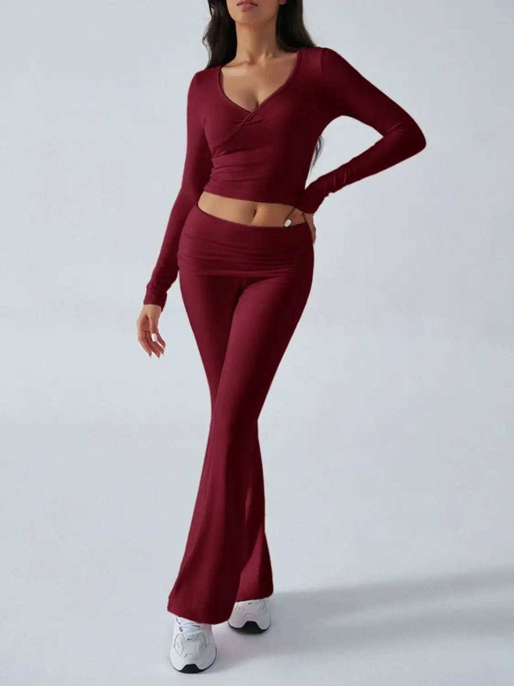 Devine Ruched Long Sleeve Top and Pants Set - Trendsi - Flyclothing LLC