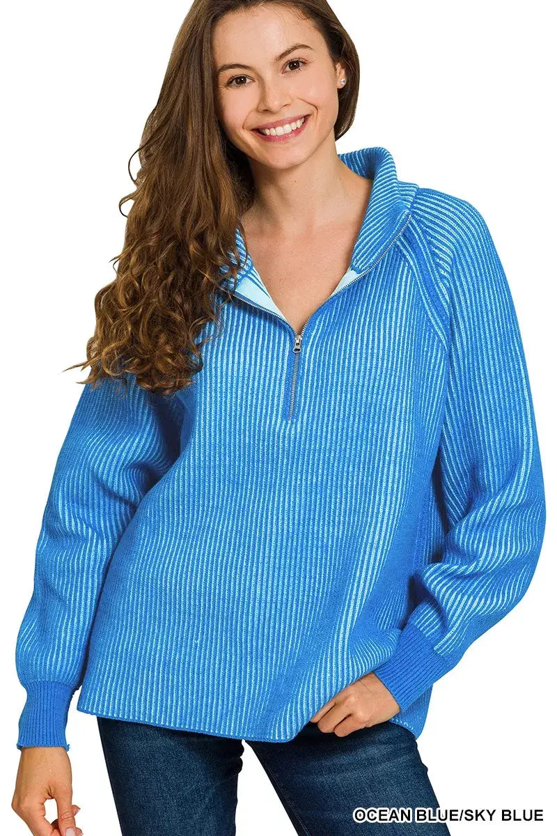 Zenana Ribbed Two Tone Half Zip Sweater - Trendsi - Flyclothing LLC