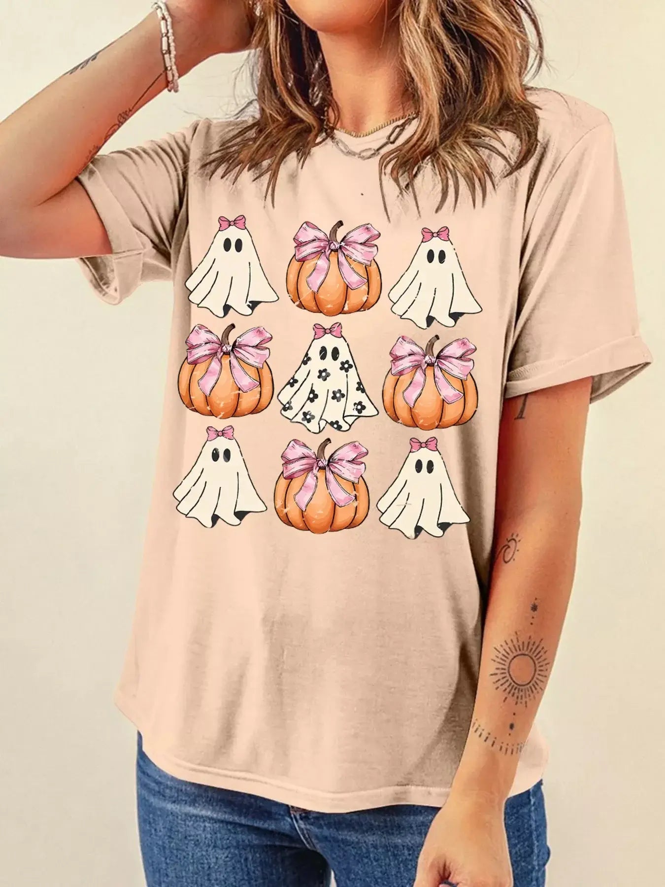 Halloween Bowknot Ghost Pumpkin Graphic T Shirt - Trendsi - Flyclothing LLC
