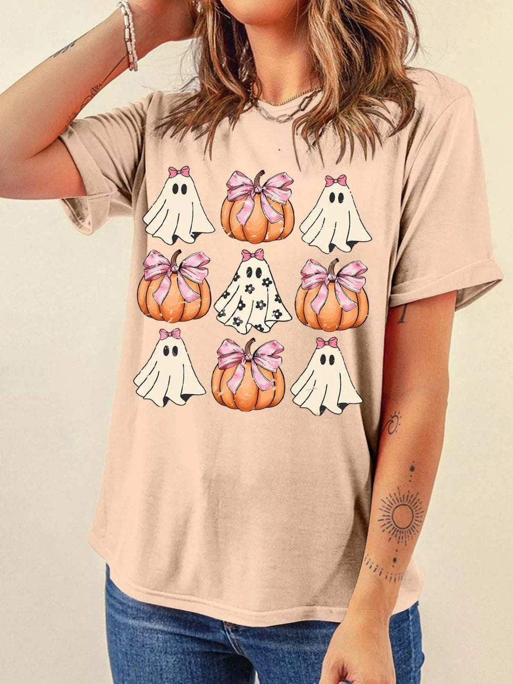 Halloween Bowknot Ghost Pumpkin Graphic T Shirt - Trendsi - Flyclothing LLC