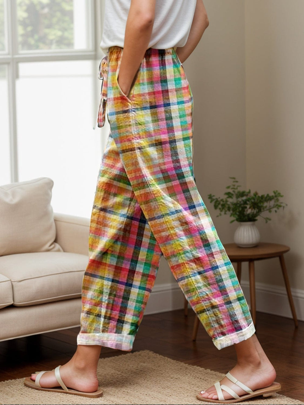 Tied Contrast Plaid Pants with Pockets - Trendsi
