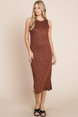 BOMBOM Slit Round Neck Sleeveless Midi Dress - Trendsi - Flyclothing LLC