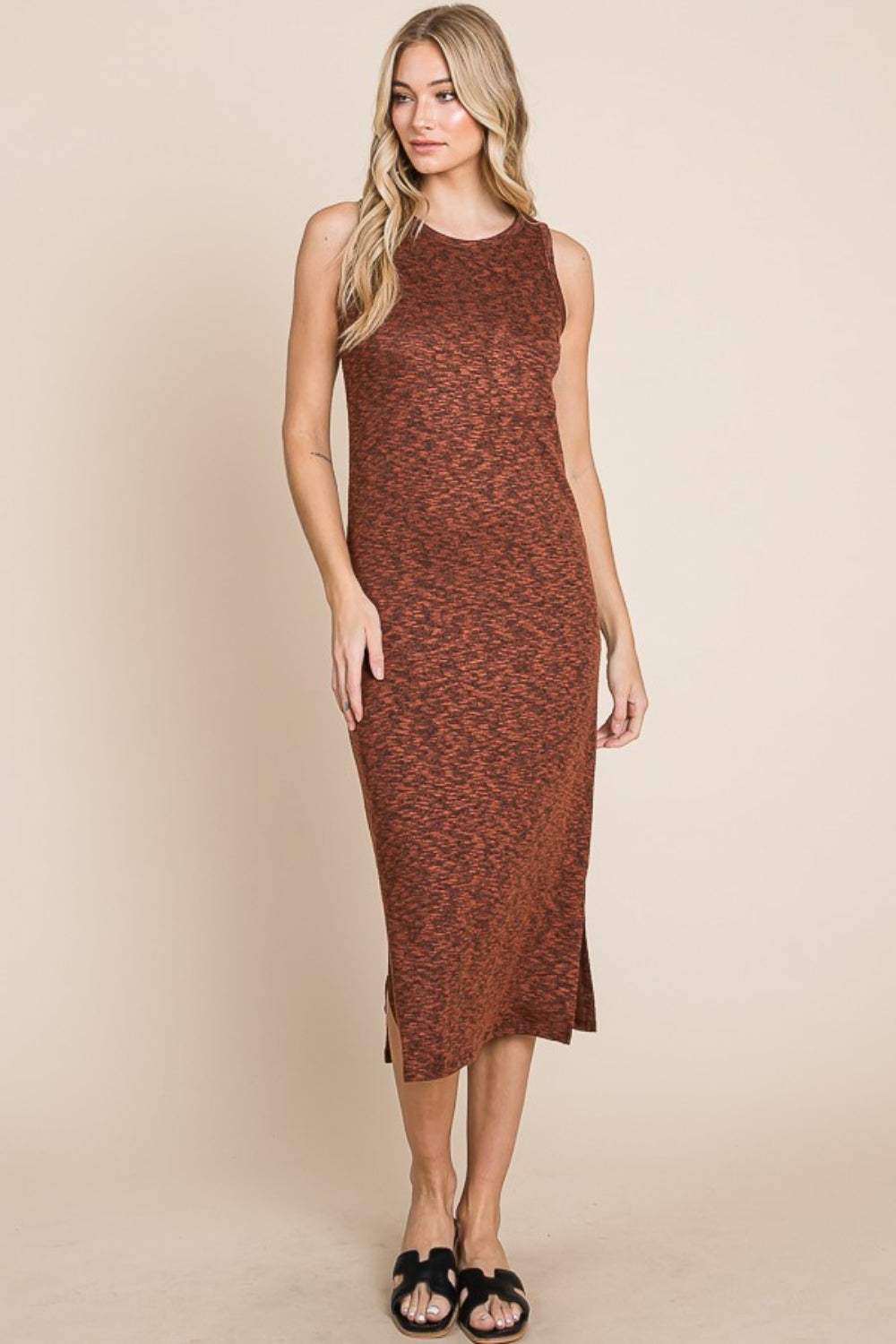BOMBOM Slit Round Neck Sleeveless Midi Dress - Trendsi - Flyclothing LLC