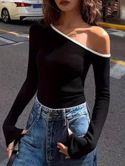 Contrast Trim One Shoulder Long Sleeve T-Shirt - Trendsi