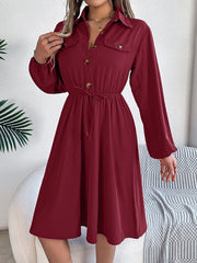 Collared Neck Long Sleeve Dress with Pockets - Trendsi
