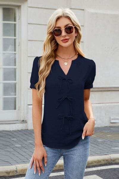 Notched Short Sleeve Blouse - Trendsi - Flyclothing LLC