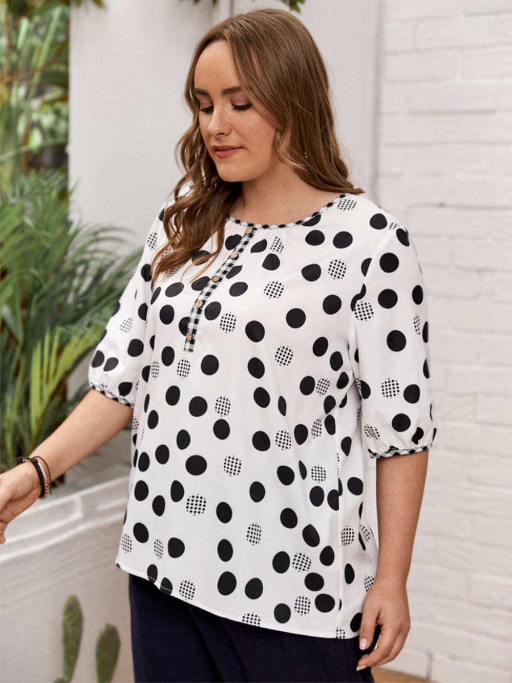 Plus Size Polka Dot Round Neck Half Sleeve Blouse - Trendsi - Flyclothing LLC