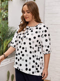 Plus Size Polka Dot Round Neck Half Sleeve Blouse - Trendsi