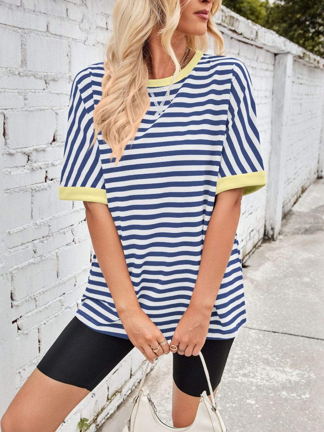 Lovelet Striped Round Neck Half Sleeve T-Shirt - Trendsi - Flyclothing LLC