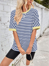 Lovelet Striped Round Neck Half Sleeve T-Shirt - Trendsi - Flyclothing LLC