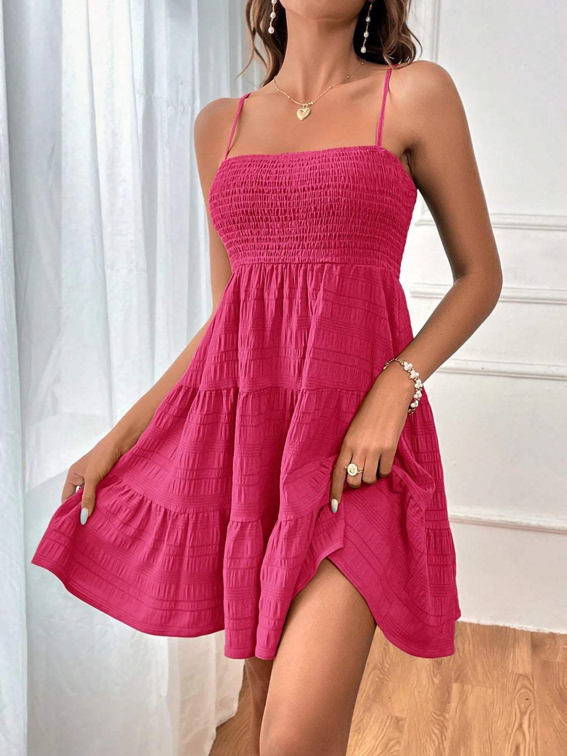 Smocked Tiered Sleeveless Mini Dress - Trendsi - Flyclothing LLC