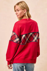BiBi Christmas Theme Plaid Block Sweatshirt with Binding - Trendsi - Flyclothing LLC