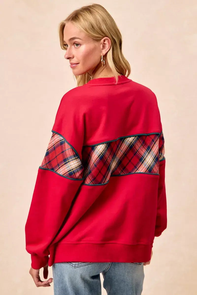 BiBi Christmas Theme Plaid Block Sweatshirt with Binding - Trendsi - Flyclothing LLC