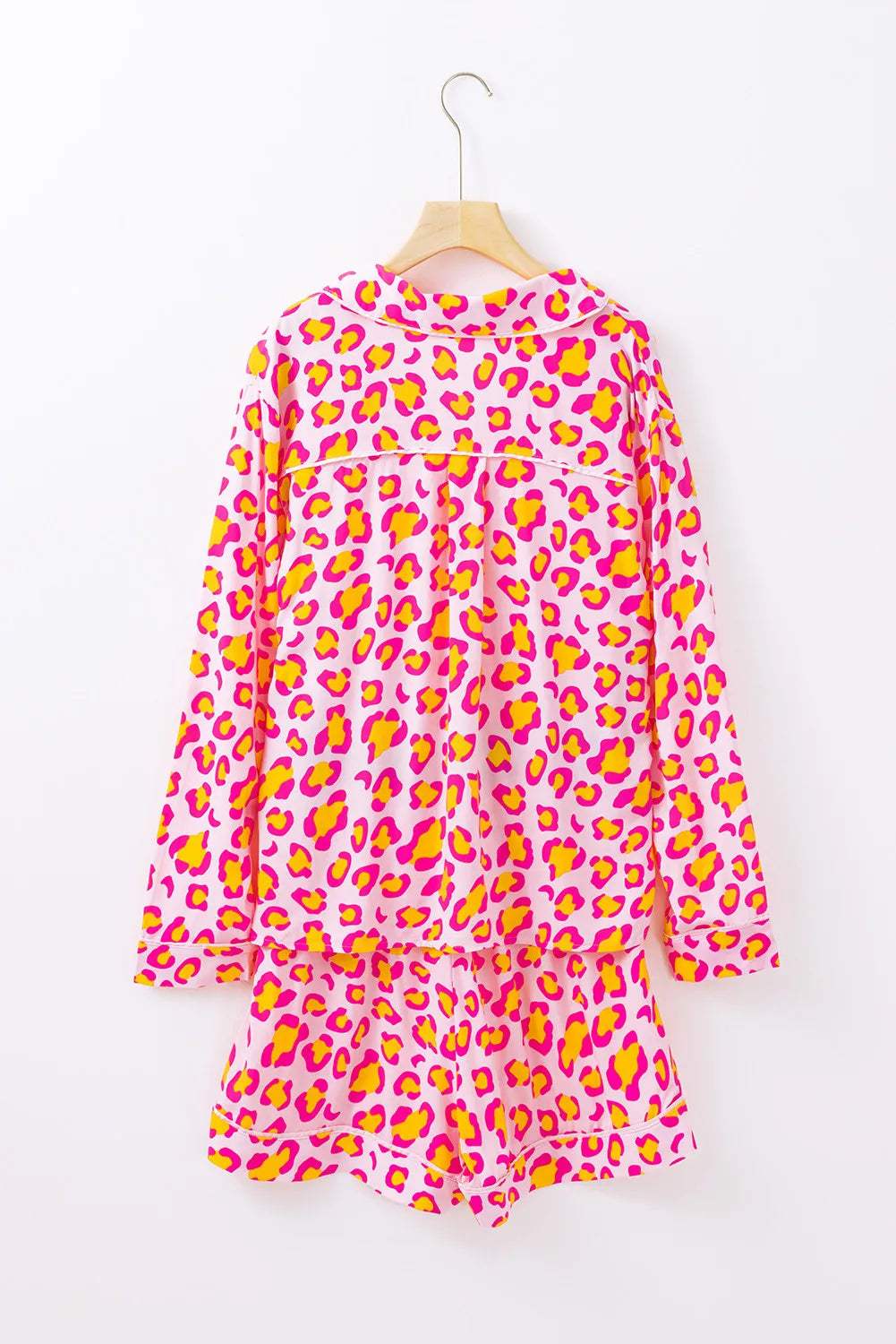 Leopard Collared Neck Long Sleeve Top and Shorts Lounge Set - Trendsi - Flyclothing LLC