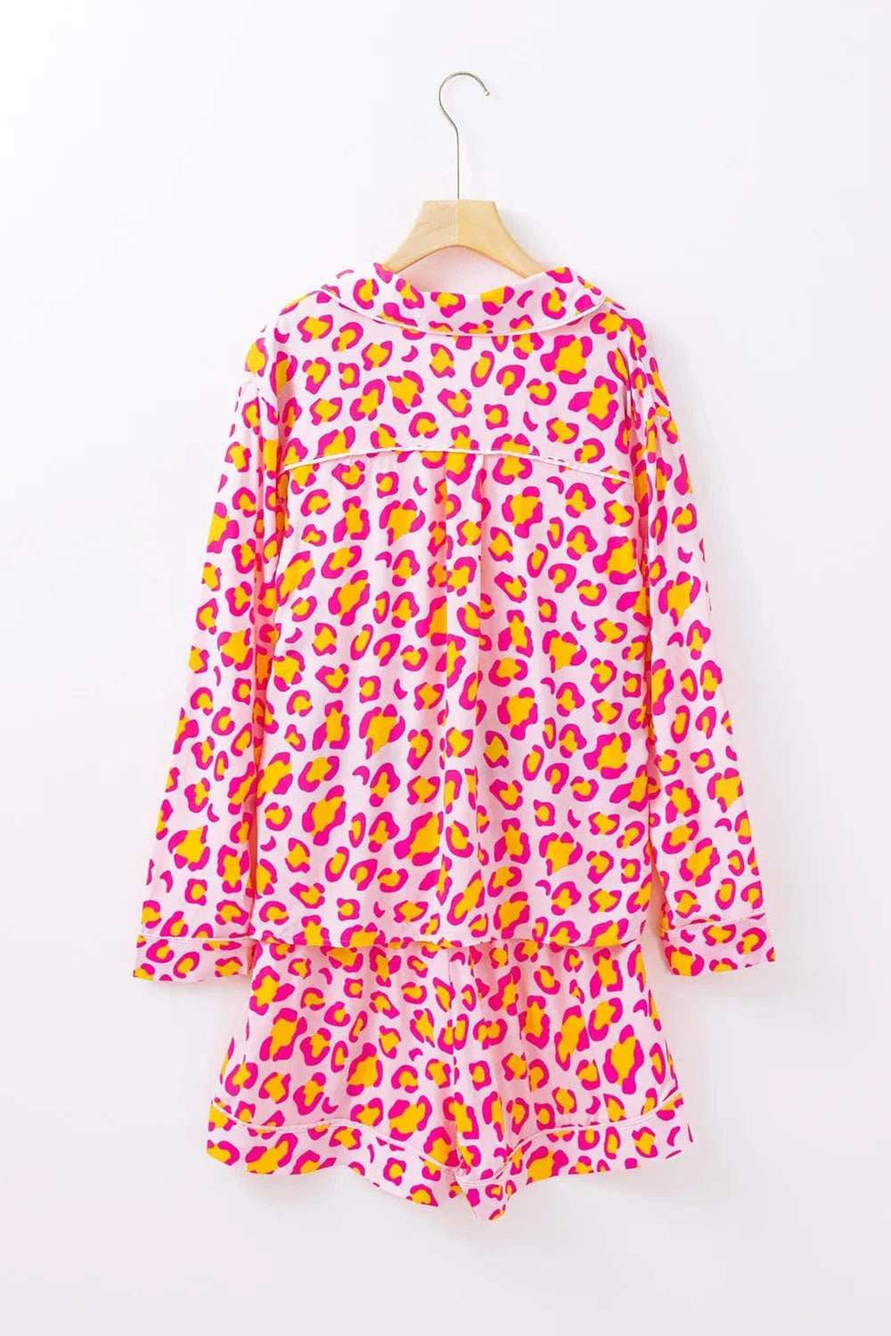 Leopard Collared Neck Long Sleeve Top and Shorts Lounge Set - Trendsi - Flyclothing LLC