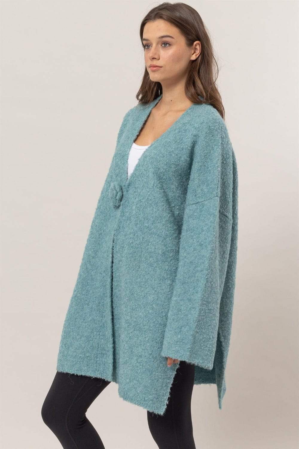 HYFVE Front Rosette Longline Slit Sweater Cardigan - Trendsi - Flyclothing LLC