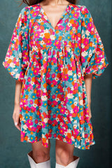 Floral Tie Neck Puff Sleeve Mini Dress - Trendsi - Flyclothing LLC