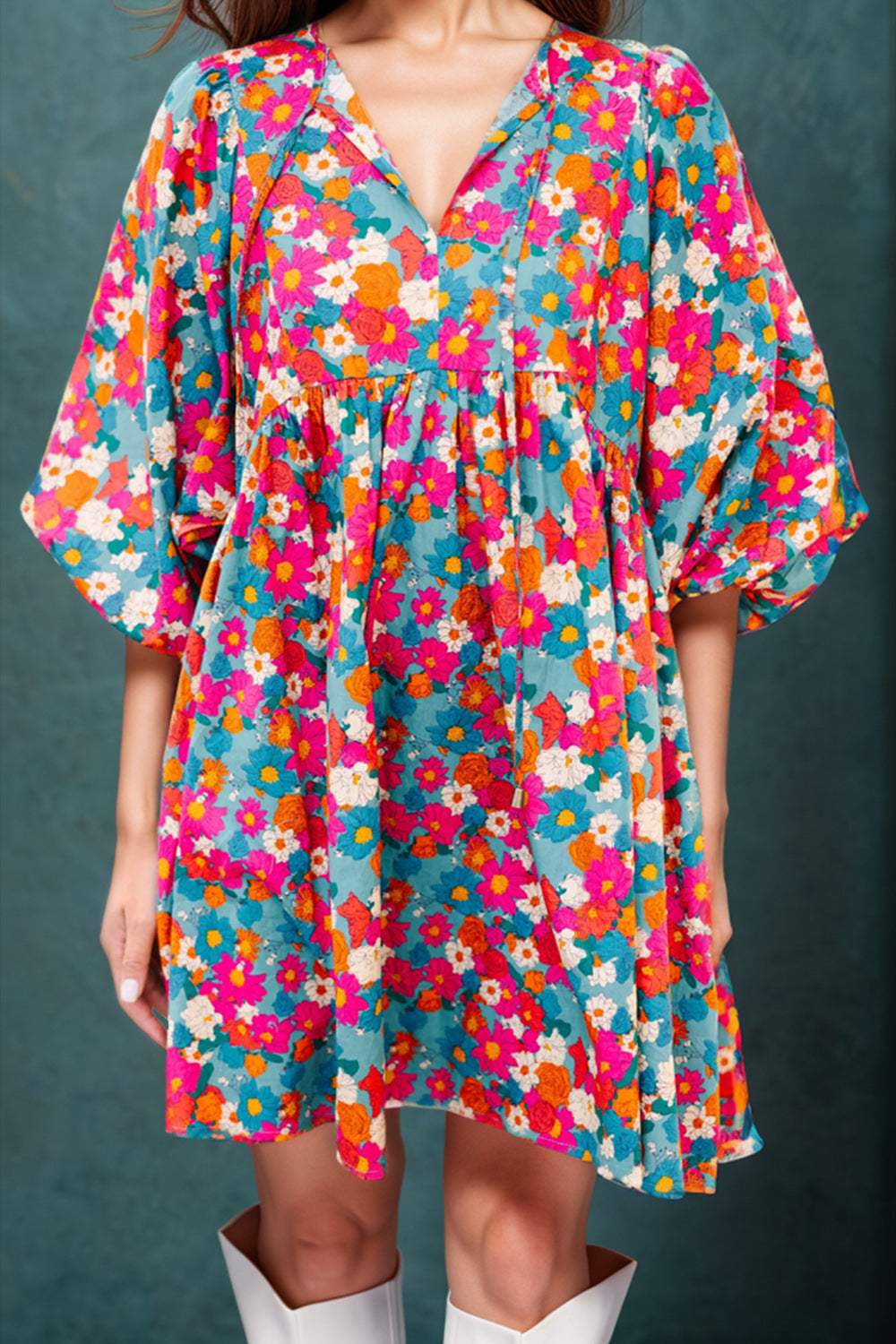 Floral Tie Neck Puff Sleeve Mini Dress - Trendsi - Flyclothing LLC