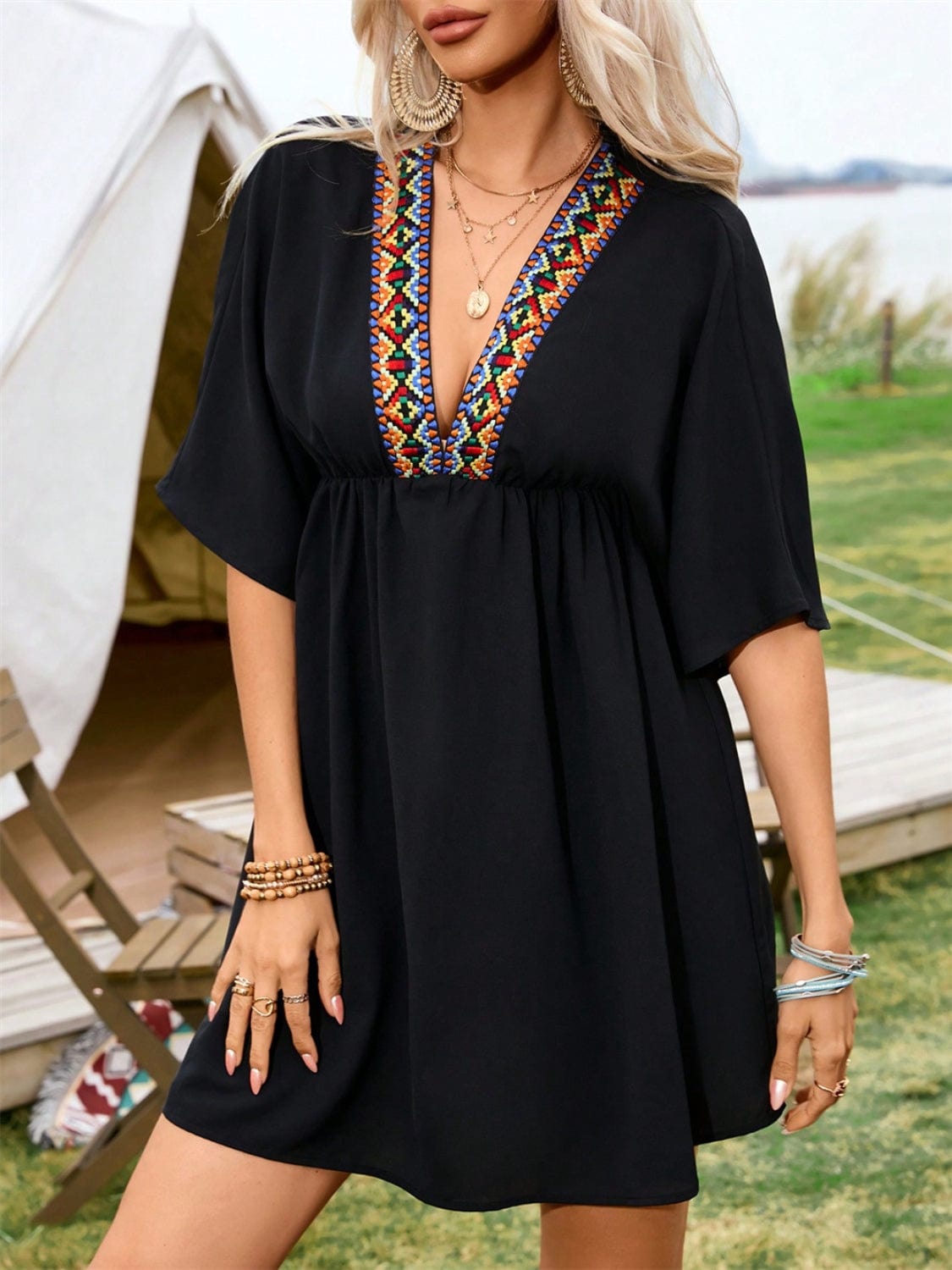 Embroidered Plunge Half Sleeve Mini Dress - Trendsi