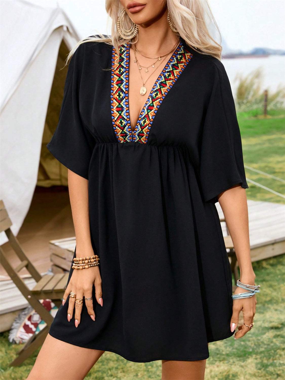 Embroidered Plunge Half Sleeve Mini Dress - Trendsi - Flyclothing LLC