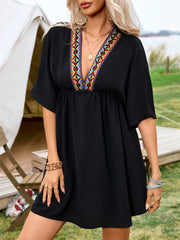 Embroidered Plunge Half Sleeve Mini Dress - Trendsi