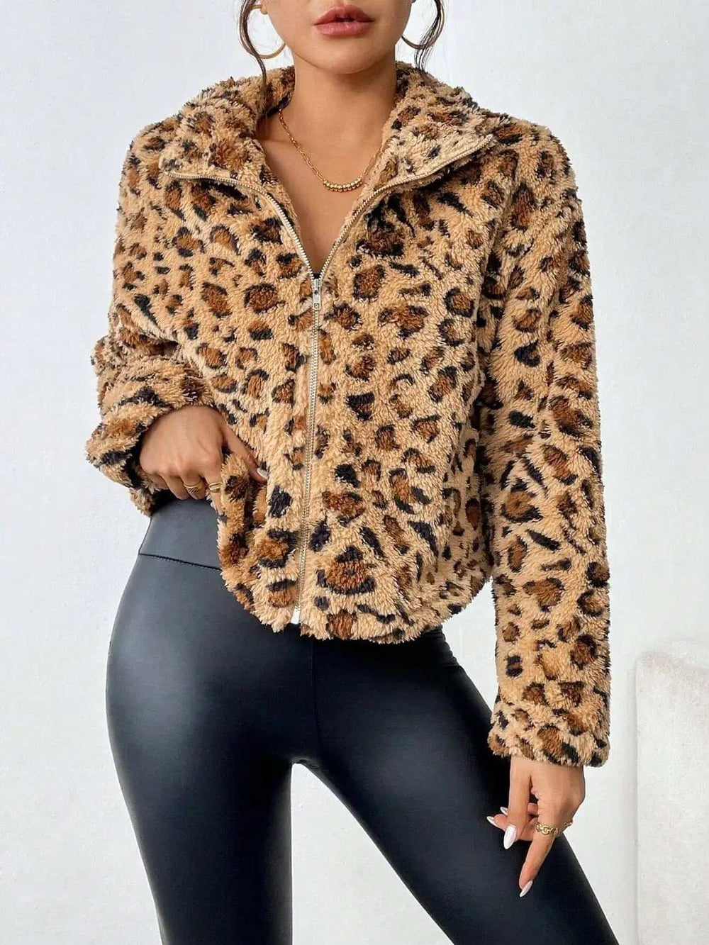 Fuzzy Turtleneck Leopard Zip Up Jacket - Trendsi - Flyclothing LLC