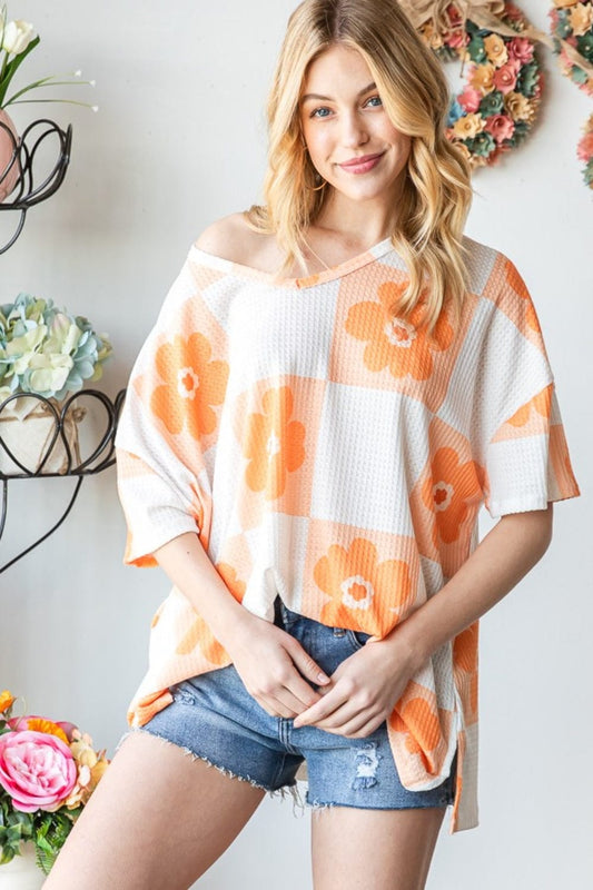 HOPELY Contrast Checkered Floral V-Neck T-Shirt - Trendsi