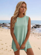 Slit Round Neck Top and Shorts Set - Trendsi - Flyclothing LLC