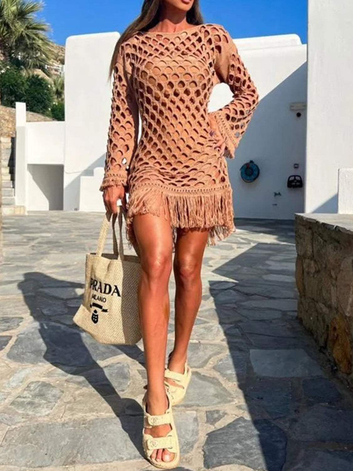 Fringe Cutout Long Sleeve Cover Up - Trendsi - Flyclothing LLC