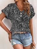 Printed V-Neck Short Sleeve Blouse - Trendsi - Flyclothing LLC