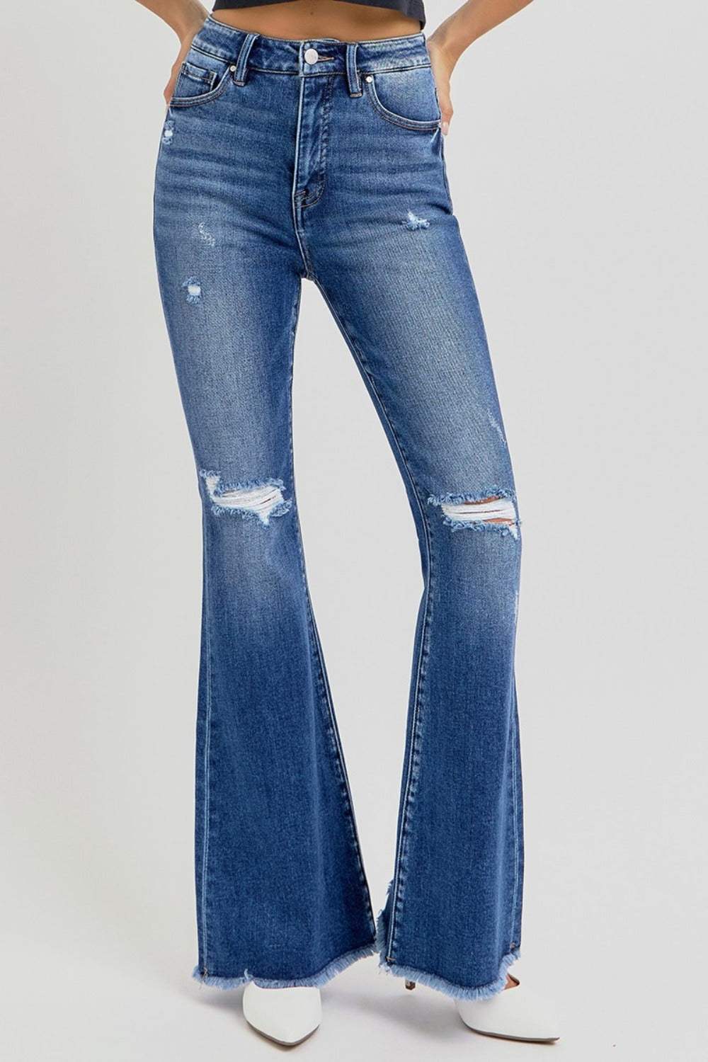 RISEN Full Size High Rise Distressed Raw Hem Flare Jeans - Trendsi - Flyclothing LLC