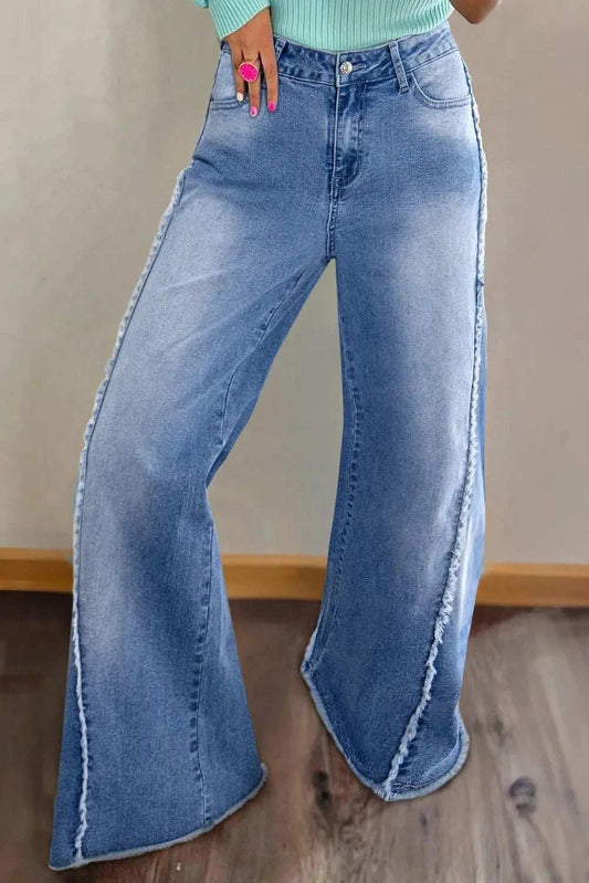 Raw Hem Wide Leg Jeans with Pockets - Trendsi - Flyclothing LLC