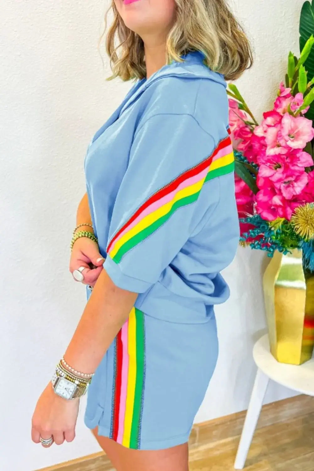 Rainbow Collared Short Sleeve Top and Shorts Set - Trendsi - Flyclothing LLC