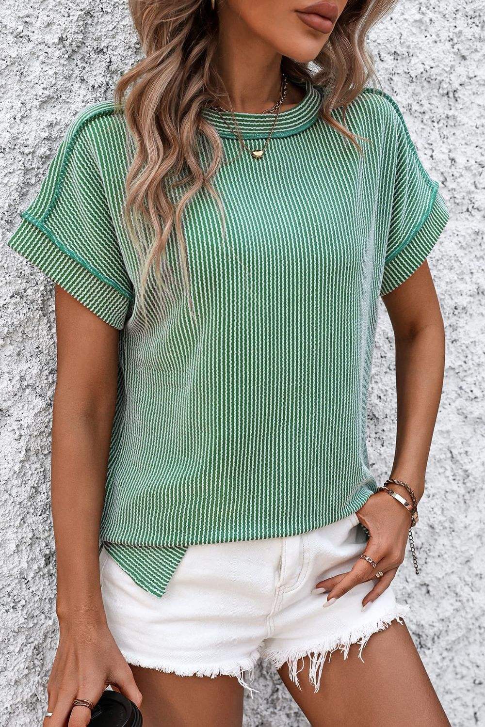 Striped Round Neck Short Sleeve T-Shirt - Trendsi - Flyclothing LLC