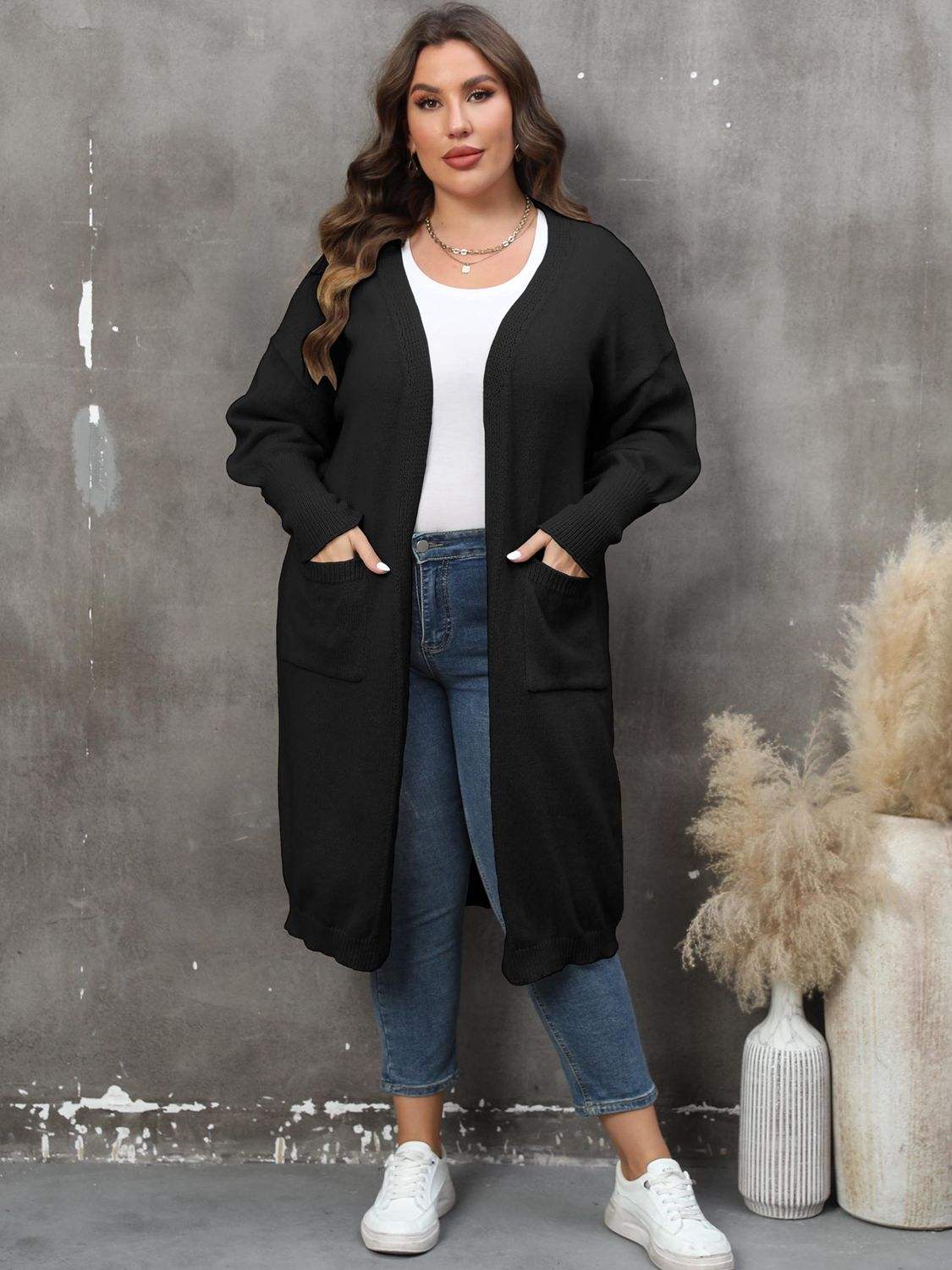 Plus Size Long Sleeve Pocketed Cardigan - Trendsi - Flyclothing LLC