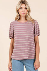 Mittoshop Contrast Striped Short Puff Sleeve Knit Top - Trendsi - Flyclothing LLC